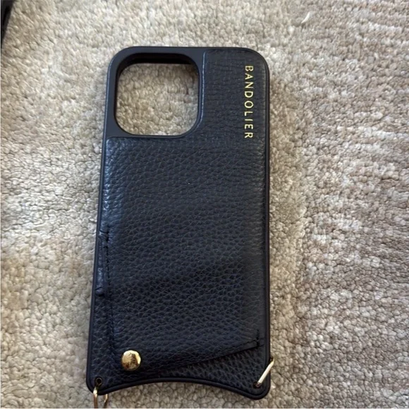 Bandolier iPhone 13 Pro Black Leather Phone Case with Gold Accents - Picture 1 of 3